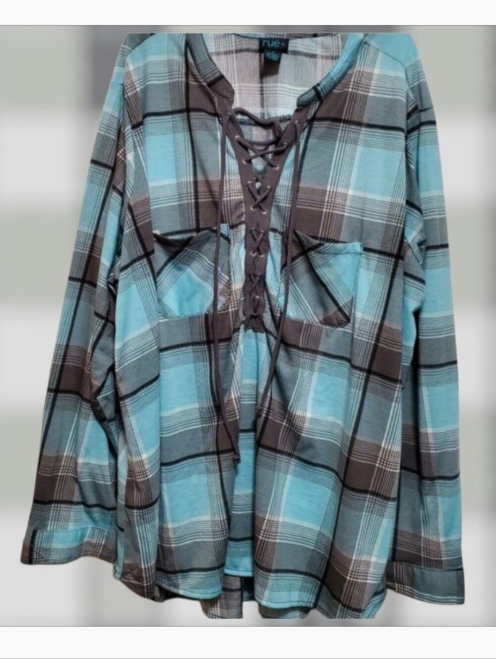 Rue21 Blue and Brown Plaid Lace-Up Tunic Blouse